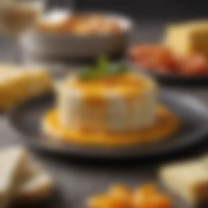 A gourmet dish featuring a variety of melted cheeses in an elegant presentation.