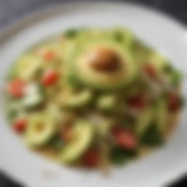 A close-up of a delicious avocado salad drizzled with dressing