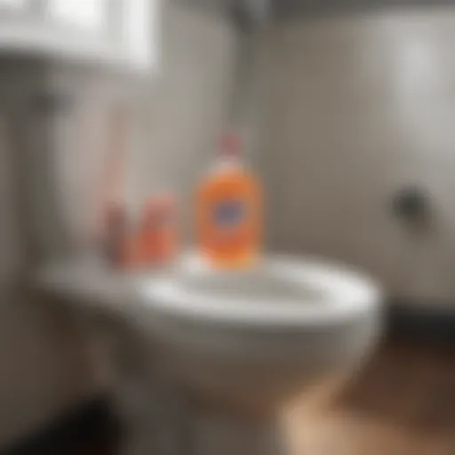 Dish soap bottle next to a toilet