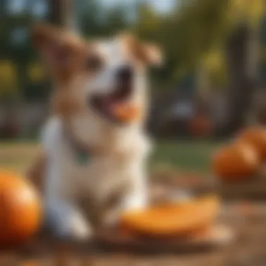 A playful dog enjoying a chewy pumpkin treat in a sunny outdoor setting