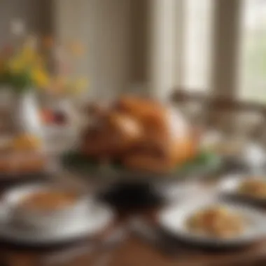 An elegant table set for an Easter feast featuring turkey and side dishes.