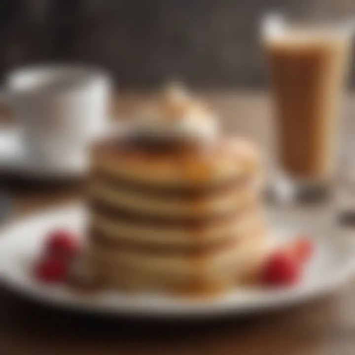 A steaming cup of coffee alongside a plate of pancakes