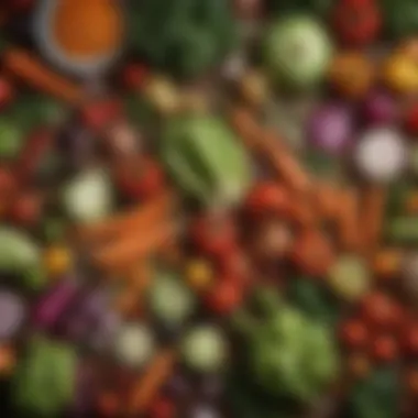 Vibrant Fresh Vegetables A colorful array of fresh vegetables laid out on a wooden table.