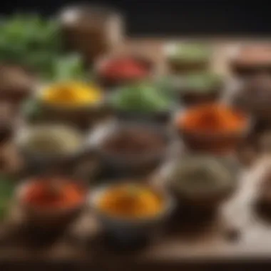 An assortment of herbs and spices in small bowls on a kitchen counter.