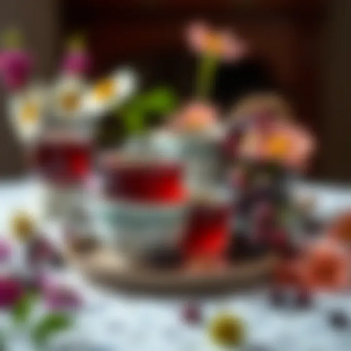 A beautifully arranged elderberry syrup tea setup with teacups and flowers