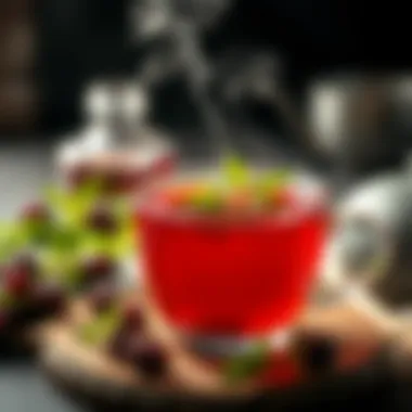 A cup of steaming elderberry syrup tea garnished with fresh herbs