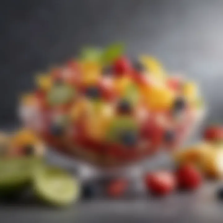 An elegant fruit salad featuring various non-sugary fruits, artistically arranged for a refreshing dish.