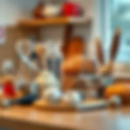 Various essential baking tools arranged elegantly on a wooden countertop