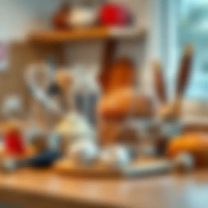 Essentials of Baking Various essential baking tools arranged elegantly on a wooden countertop
