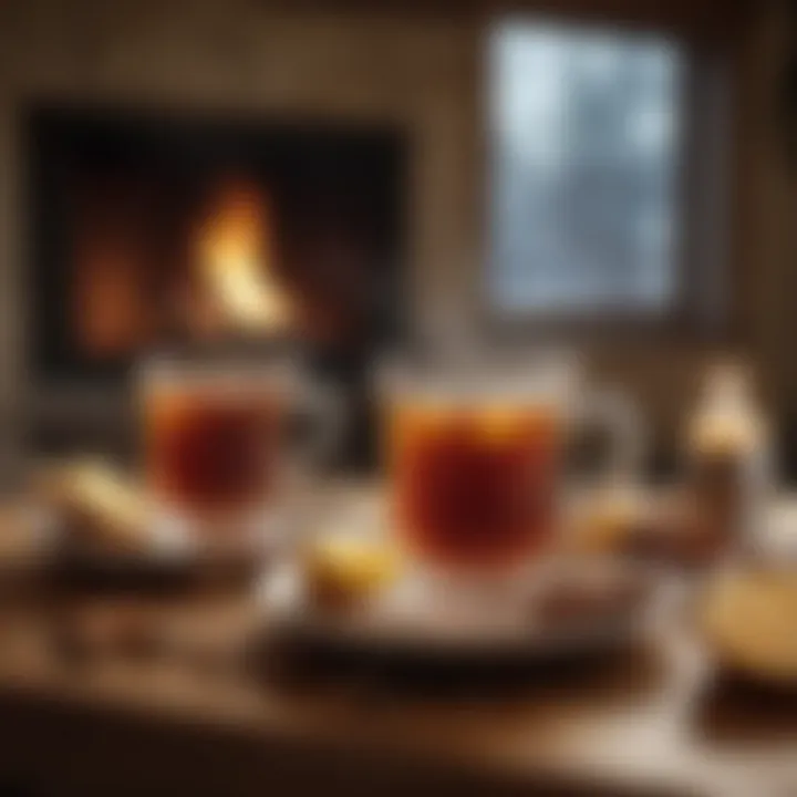 A cozy setting with a hot toddy beside a crackling fireplace