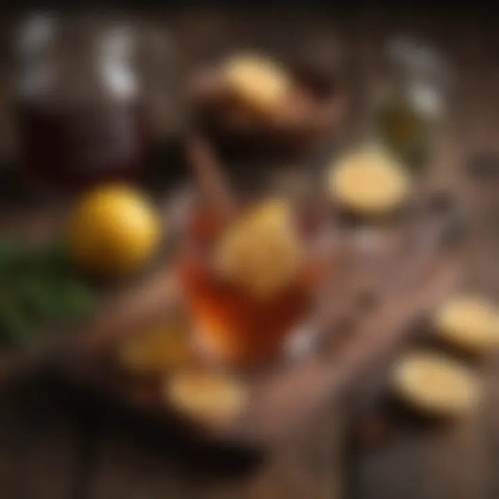 An array of ingredients for a hot toddy on a rustic wooden table