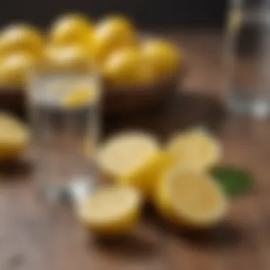 Fresh lemons and a glass of lemon water on a wooden table