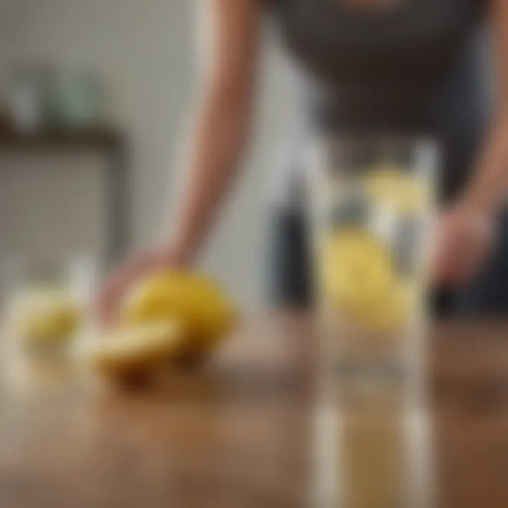 A person practicing yoga with a glass of lemon water beside them