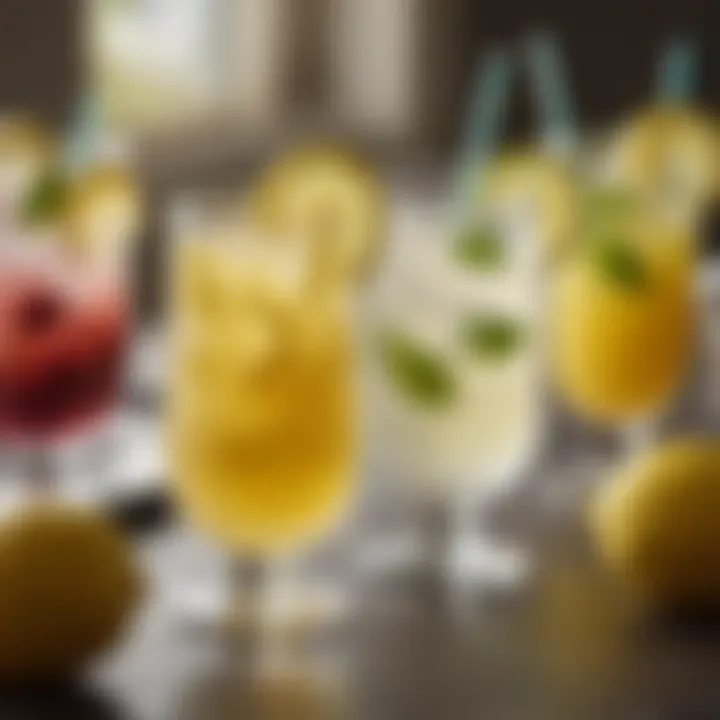 An assortment of lemonade varieties in elegant glasses.