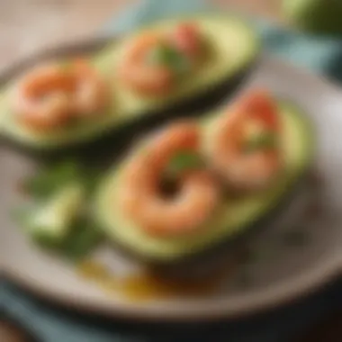 A gourmet avocado and shrimp dish beautifully plated.
