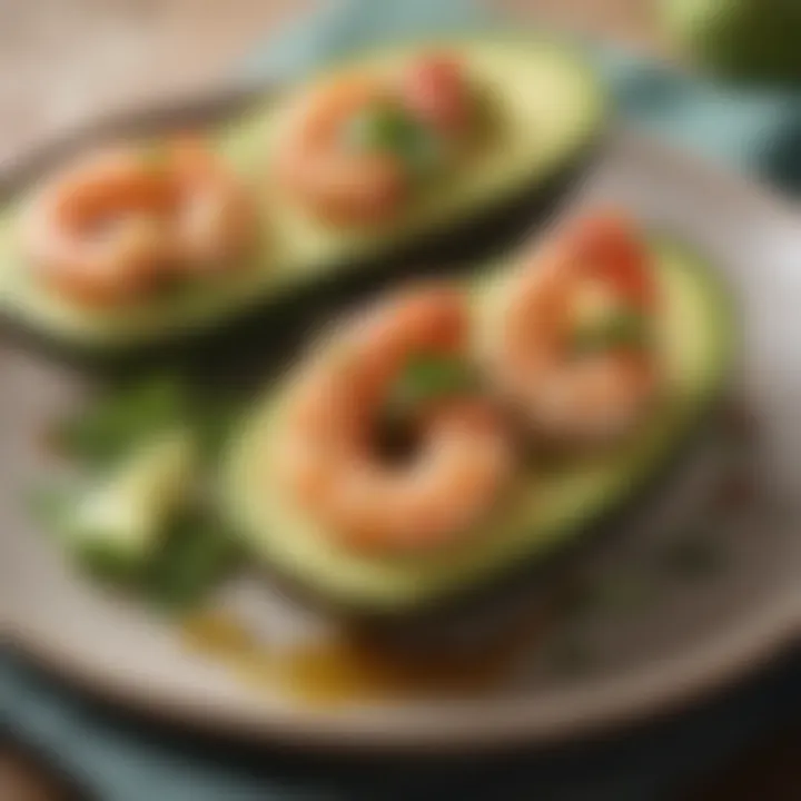 A gourmet avocado and shrimp dish beautifully plated.