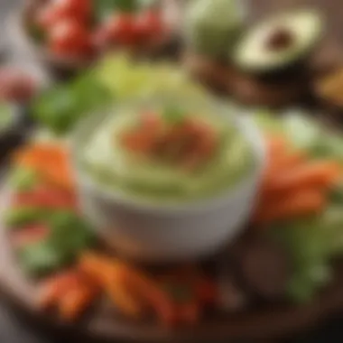 Rich Avocado Dip A rich avocado dip with assorted fresh vegetables for dipping.