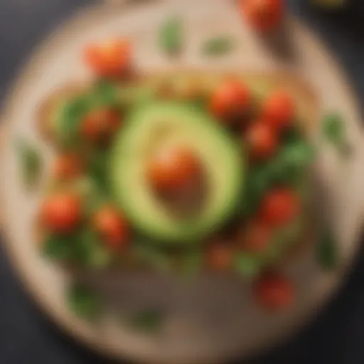 A vibrant avocado toast garnished with fresh herbs and cherry tomatoes.