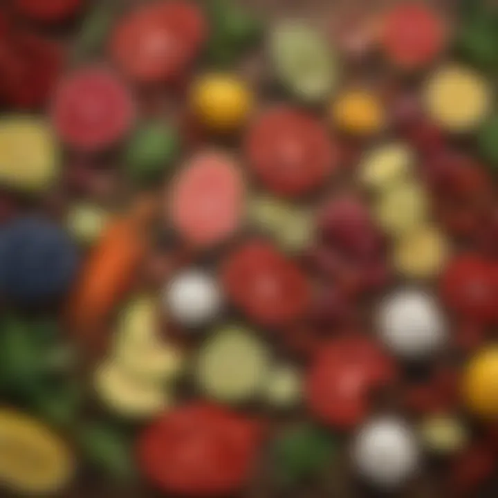 A close-up of fresh, colorful ingredients arranged artistically on a wooden surface