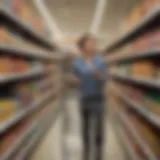 A shopper using Aldi's Scan and Go technology in a grocery aisle