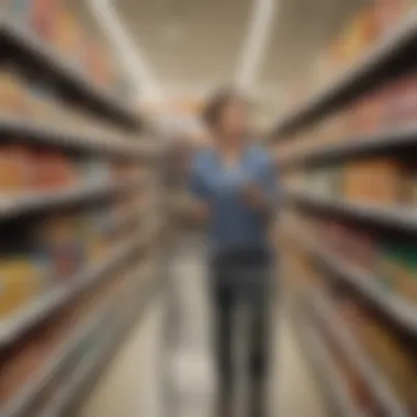 A shopper using Aldi's Scan and Go technology in a grocery aisle