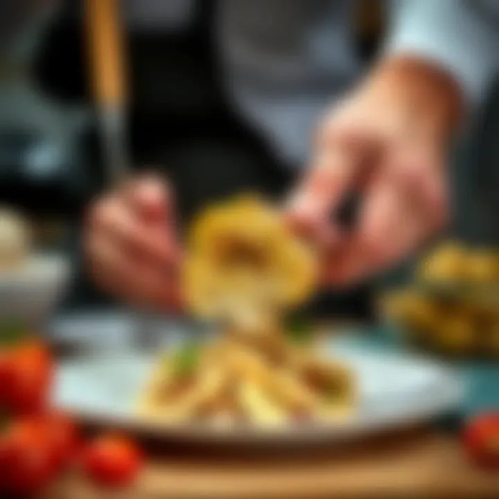 Chef's Expertise in Artichoke Pozza A chef's hands skillfully assembling the dish