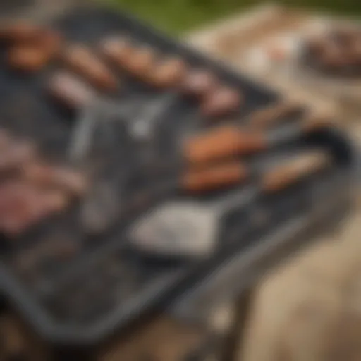 Essential barbeque tools including spatula, tongs, and grill brush.