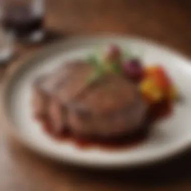Exquisite Culinary Presentation of Steak A beautifully plated steak with garnishes showcasing exquisite culinary presentation