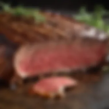 A close-up of a perfectly cooked steak revealing juicy and tender textures