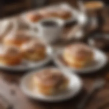Gluten-Free Cinnamon Rolls with Coffee An array of gluten-free cinnamon rolls served on a rustic wooden table, surrounded by coffee and tea.