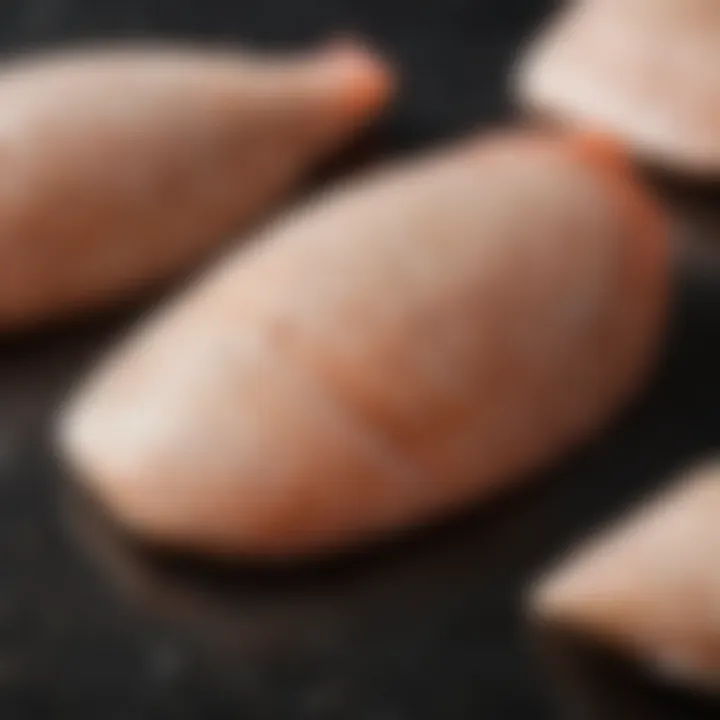 A close-up of tilapia fillets being coated for breading