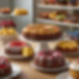 A stunning display of colorful bundt cakes in a bakery setting