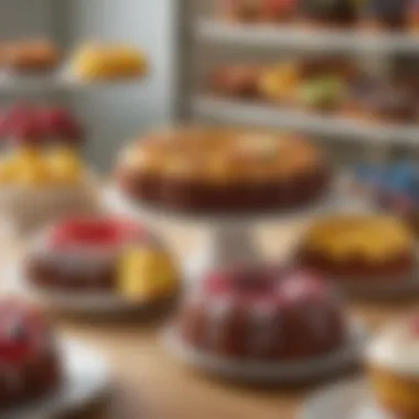 A stunning display of colorful bundt cakes in a bakery setting