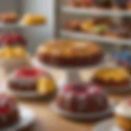 A stunning display of colorful bundt cakes in a bakery setting