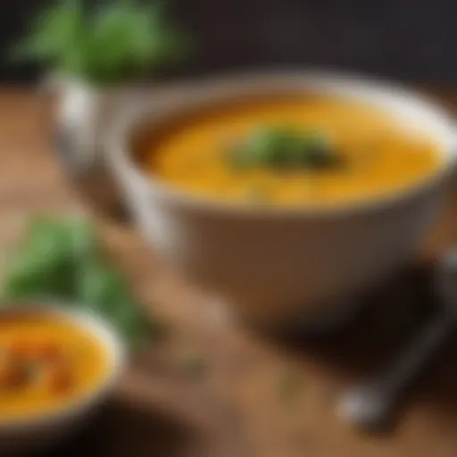 A vibrant bowl of butternut squash soup topped with fresh herbs