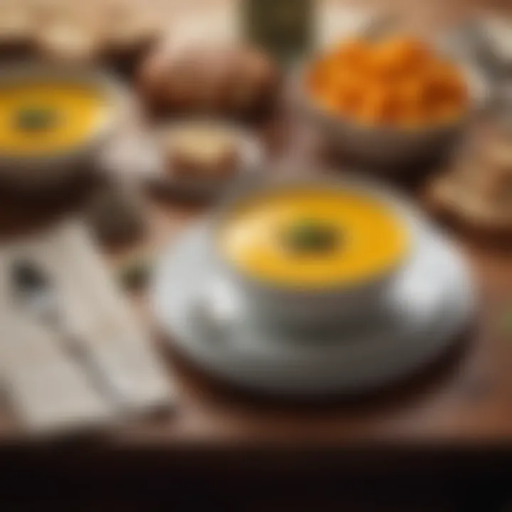 A beautifully arranged table with butternut squash soup and crusty bread