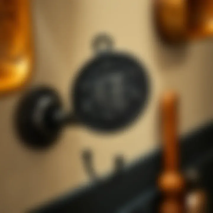 Detailed view of a vintage cast iron skillet wall hook with intricate designs