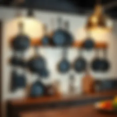 Elegant display of cast iron skillet wall hooks in a rustic kitchen