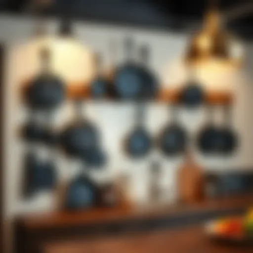 Elegant display of cast iron skillet wall hooks in a rustic kitchen