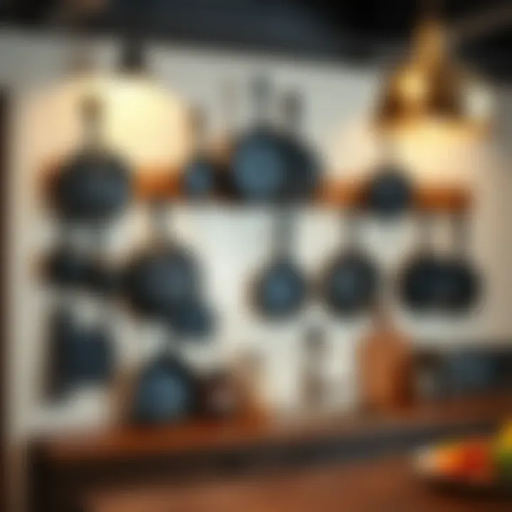 Elegant display of cast iron skillet wall hooks in a rustic kitchen