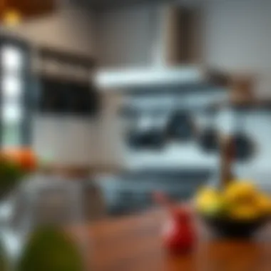 A modern kitchen featuring stylish cast iron skillet wall hooks as functional art