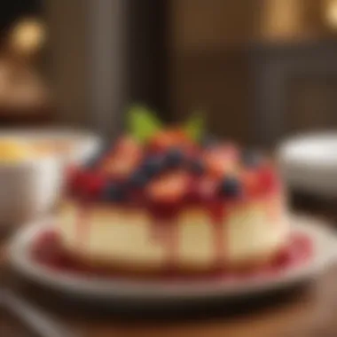 A close-up of a rich and creamy cheesecake topped with fruit