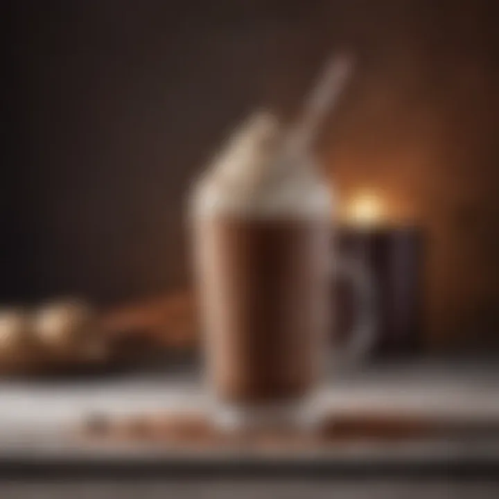 A decadent chocolate milkshake topped with whipped cream and cocoa powder