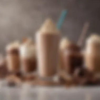 An assortment of ingredients for crafting chocolate milkshakes, including chocolate syrup and ice cream