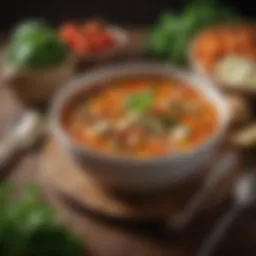 A vibrant bowl of chunky vegetable soup showcasing an array of fresh vegetables.