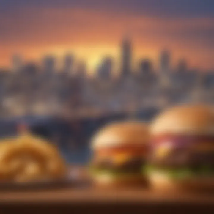 A scenic view of San Francisco with a burger in the foreground