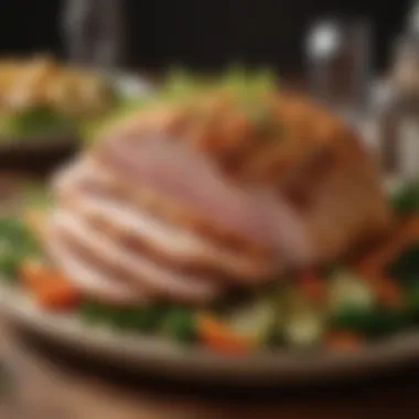 Sliced large boneless turkey breast served with seasonal vegetables.