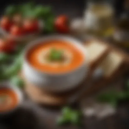 A sumptuous bowl of creamy tomato soup garnished with fresh basil and drizzled with olive oil.