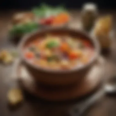 A rustic bowl of hearty minestrone soup filled with colorful vegetables and pasta.