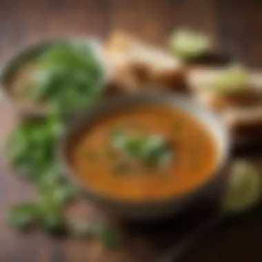 A vibrant bowl of spicy lentil soup adorned with a sprinkle of cilantro and lime wedges.